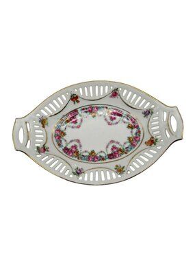 German Floral Rose Oval Reticulated Ceramic Candy Dish Vintage-US Duties Prepaid